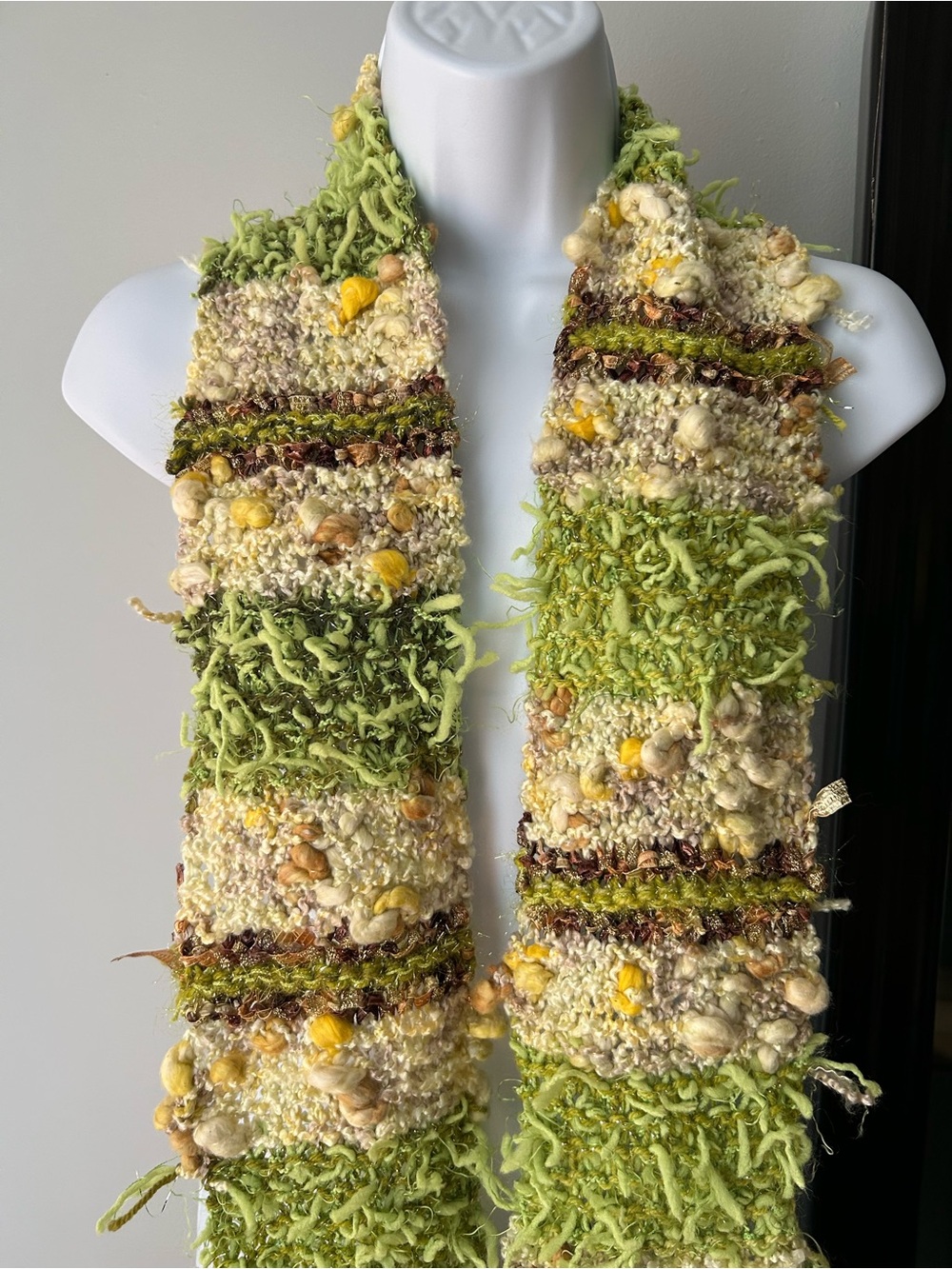 Handwoven Green and Yellow Textured Scarf by - Picture 2 of 2